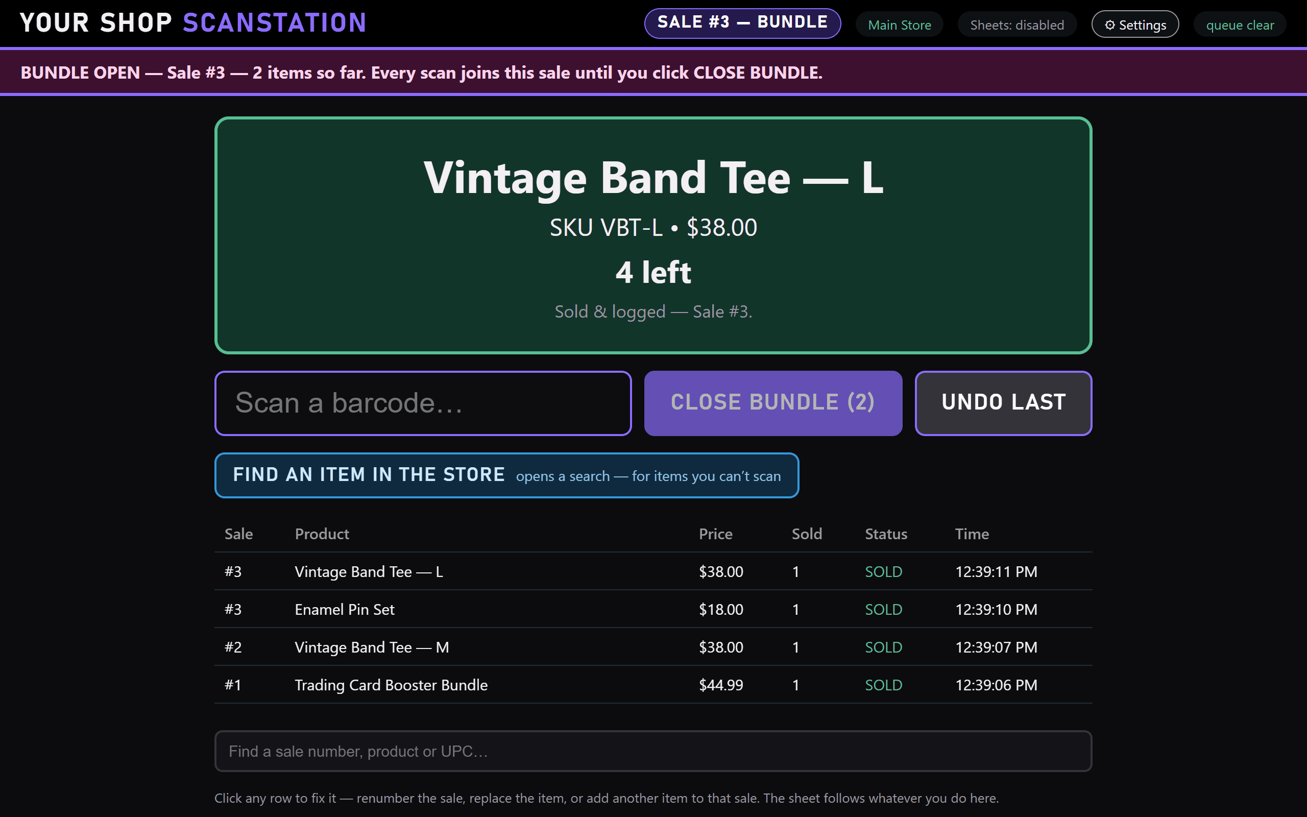 ScanStation with a bundle open: sale 3 has two items so far, and the button reads Close Bundle (2).