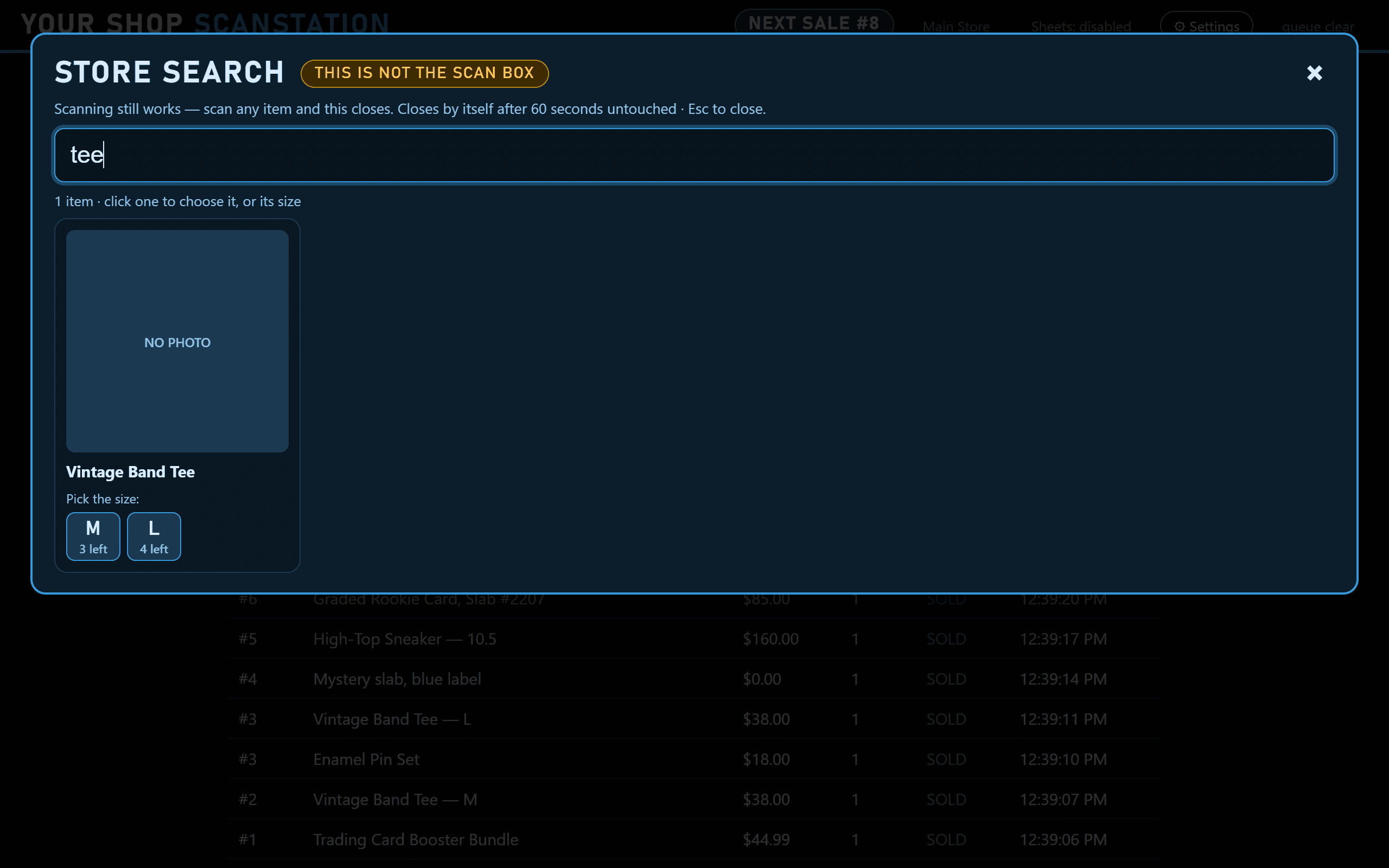 The store search showing a Vintage Band Tee with size buttons M (3 left) and L (4 left).