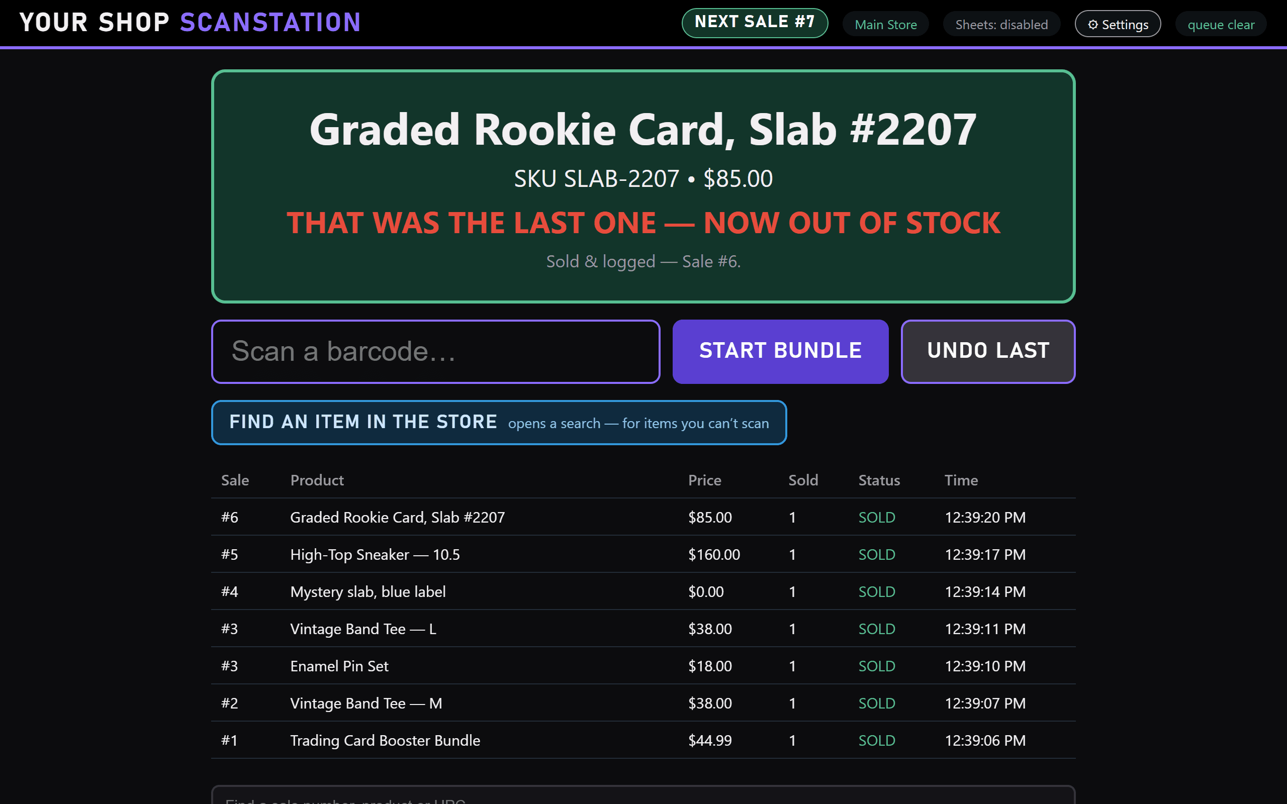 ScanStation showing a graded rookie card sold with the message: That was the last one, now out of stock.