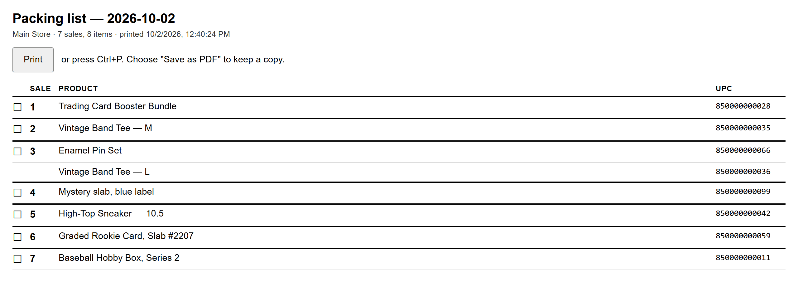 A printable packing list: 7 sales and 8 items in sale-number order, each with a checkbox and its barcode.